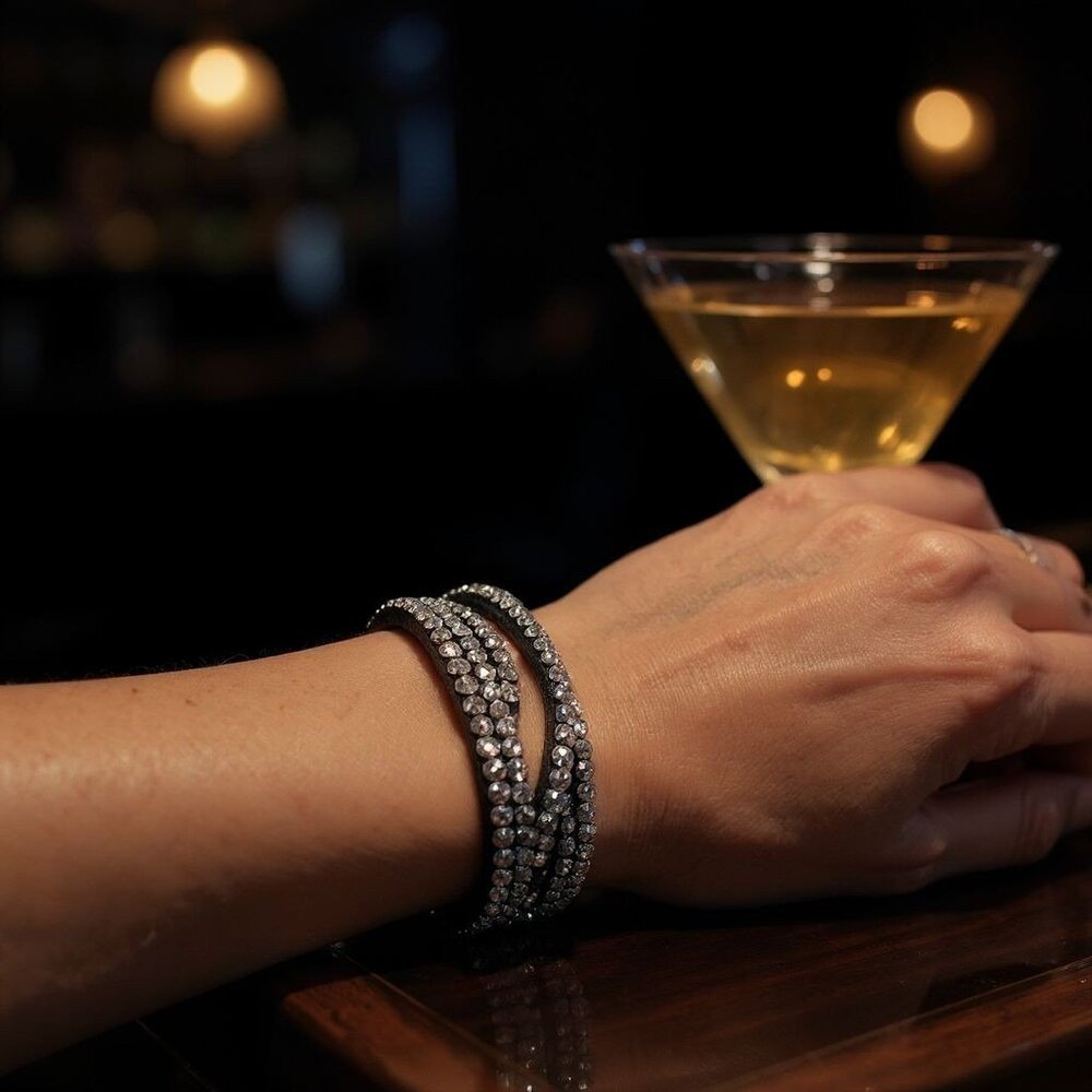 Yik Fung Black Suede Braided Gothic Snap Rhinestone Bracelet Adjustable